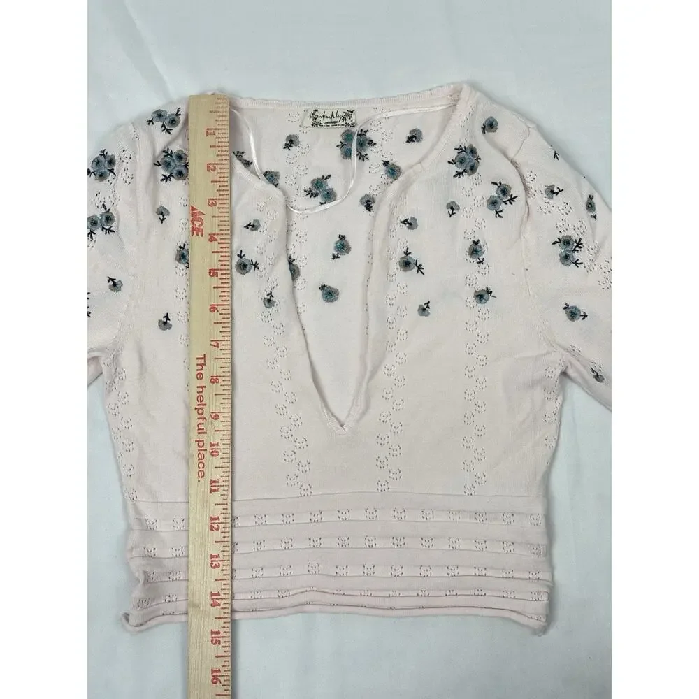 INTIMATELY FREE PEOPLE Chill Out Pointelle Crop Top Pink Floral Boho V-Neck XS